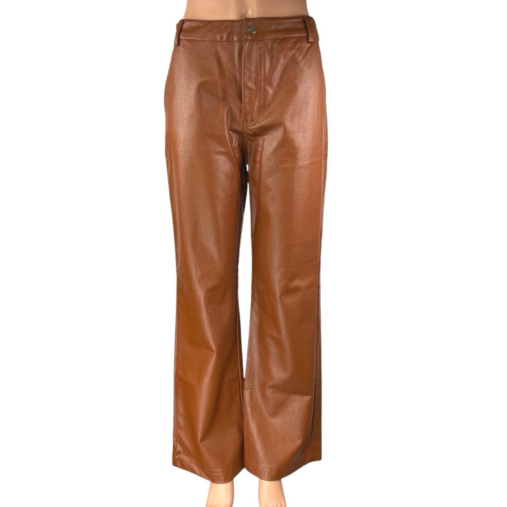 Princess Polly Brown Faux Vegan Leather High Waist Wide Leg Trousers Pants Sz 6